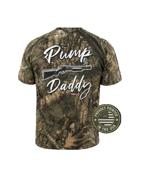 Camouflage t-shirt with 'Pump Daddy' graphic and rifle illustration on a white background.